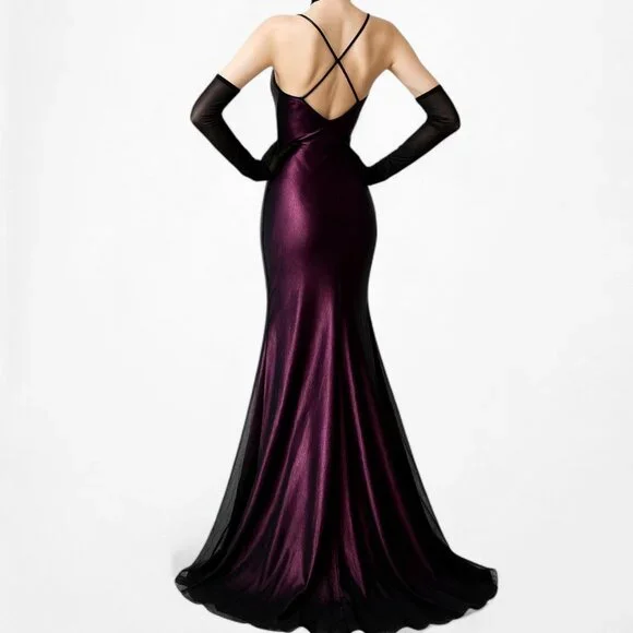 Vintage Y2K Purple Red Floral Beaded Mesh Bodycon Maxi Prom Dress Size S/M